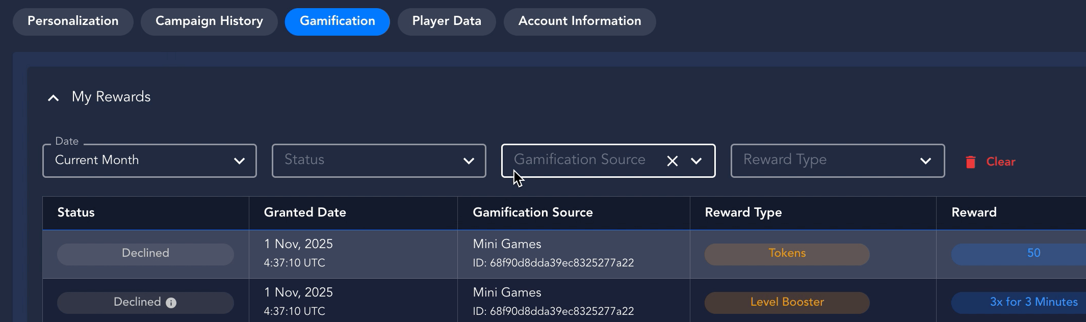 Declined items on My Rewards
